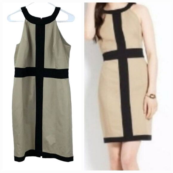 Ann Taylor Tan/Black Tailored Colorblock Sheath Dress Sleeveless Work Classy 6 - Picture 1 of 7